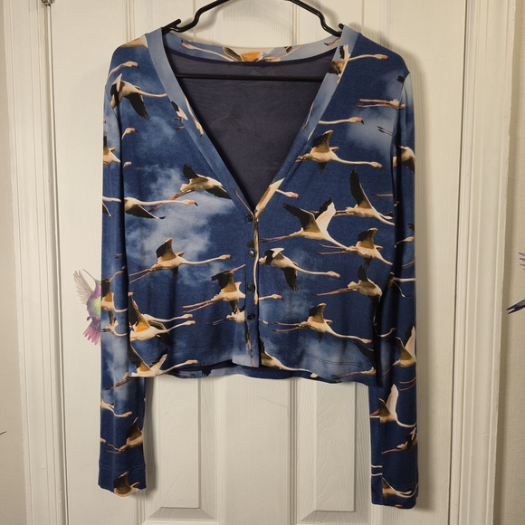 Isabel de Pedro Blue & Black Flamingo Flock Print Cardigan Y2K Maximalist Knit - Picture 2 of 7